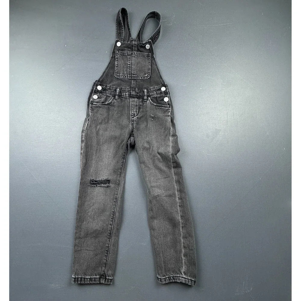 Old Navy Girls 6-7 Black Denim Distressed Overalls Adjustable Strap Casual Jeans